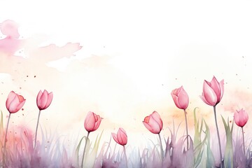 Watercolor wet ink style, soft spring field, tulip flowers, minimal with empty copy space Generative Ai