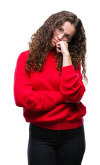 Wall Mural - Beautiful brunette curly hair young girl wearing glasses and winter sweater over isolated background thinking looking tired and bored with depression problems with crossed arms.