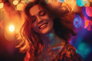 Wall Mural - Joyful young woman dancing with colorful bokeh lights in background, expressing happiness and celebration.