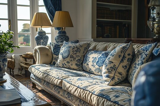 Interior design, living room decor and house improvement, furniture, sofa, home decor, white and blue textiles, country cottage lounge style