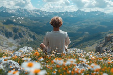 Wall Mural - A young man sits on a mountain top enjoying the beauty of nature during a summer hike.