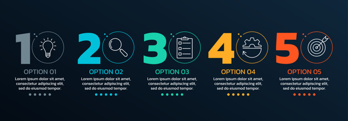 Wall Mural - 5 step, option infographic template. Process diagram, business presentation with modern icons. Timeline info graphic design. Five option flow chart, layout concept. Vector illustration.