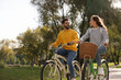 © New Africa - Beautiful couple riding bicycles in park, space for text