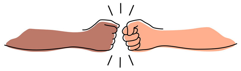 Fist bumping banner hand drawn with single line. Team work, cooperation, friends concept. Png illustration isolated on transparent background