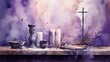 Artistic watercolor depiction of an Ash Wednesday altar scene, cross of ashes, and purple accents, serene and contemplative atmosphere, traditional watercolor.