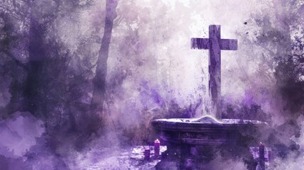 Wall Mural - Artistic watercolor depiction of an Ash Wednesday altar scene, cross of ashes, and purple accents, serene and contemplative atmosphere