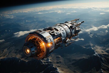 Poster - large spaceship in space in orbit against the background of the earth, Cinematic Still, Future concept, Generative AI