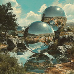 Poster - The reflective quality of mercury mirrored in a surreal, dreamlike landscape.