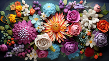 Ethereal Floral Elegance, 3D Flowers, Sublimated In A Multitude Of Colors, Arranged As A Bouquet Against A Textured Wooden Canvas, Created Using Generative AI