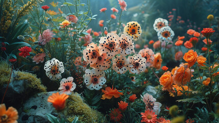 Poster - A whimsical garden with flowers and plants featuring dalmatian-like spots.