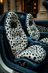 Poster - A luxury car interior with dalmatian print seat covers and detailing.