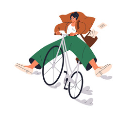 Wall Mural - Happy business woman cycling, riding bicycle. Funny joyful female character on bike, fun and joy. Excited active energetic carefree postwoman. Flat vector illustration isolated on white background