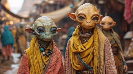 Poster - A family of aliens with unique cultural traits and clothing.