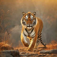 Large male tiger in the natural habitat. Tiger march in golden light.