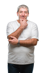 Sticker - Handsome senior man over isolated background looking confident at the camera with smile with crossed arms and hand raised on chin. Thinking positive.