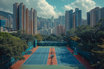 Poster - A bustling city tennis court with skyscrapers in the background.