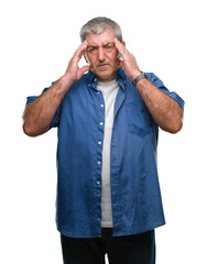 Sticker - Handsome senior man over isolated background with hand on head for pain in head because stress. Suffering migraine.