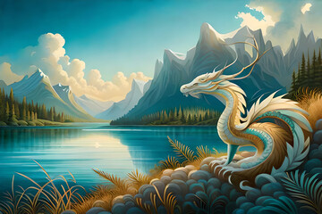 Wall Mural - A painting of a friendly dinosaur with a mountain in the background.