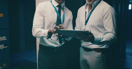 Poster - People, manager and tablet in server room, programming and engineering solution with night planning. Business hands or teamwork in data center with digital technology, hardware or software management