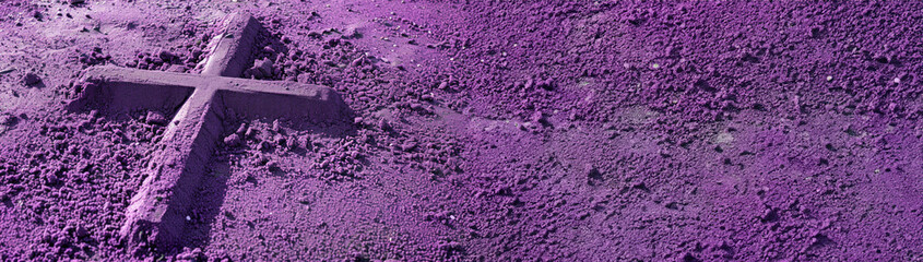 Wall Mural - Ash Wednesday wide banner with imprint of cross drawn in purple ash. symbolic imprint of a cross in vibrant purple sand, depicting Ash Wednesday reflection and penance.