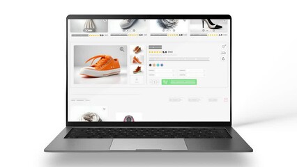 Women's clothing website animation. E-commerce and shopping products. Sales show of costume. Laptop mockup