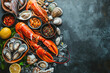 Seafood on gray background, fish fresh delicacies