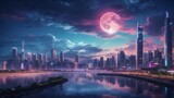 Fototapeta Londyn - A wallpaper illustration featuring an anime-inspired neo-crisp night cityscape. Neon flat colors illuminate the scene, showcasing a nightsky adorned with a large, luminous moon, fluffy clouds