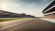 An F1 race track circuit road with dynamic motion blur, featuring a grandstand stadium for Formula One racing enthusiasts