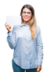 Poster - Young beautiful business woman holding blank card over isolated background with a happy face standing and smiling with a confident smile showing teeth