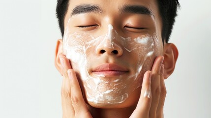 portrait of a asian man with a facial mask, peeling aesthetics