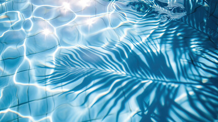Wall Mural - Surface of blue pool water with shadow from palm leaf, abstract summer fresh background