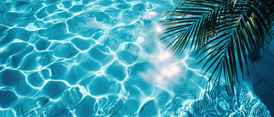 Wall Mural - Surface of blue pool water with shadow from palm leaf, abstract summer fresh background