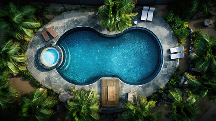 Wall Mural - The villa's pool is surrounded by palm trees and sun loungers. Summer relaxing vacation background