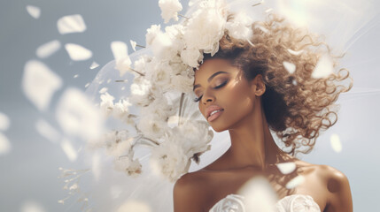 a bride dansing in a white dress with flying white flowers in the air