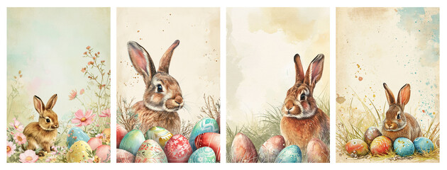 Wall Mural - Vintage Happy Easter watercolor cards set with cute Easter rabbit, eggs and spring flowers in pastel colors. Springtime holiday poster template with cute bunny and decorated eggs floral composition. 