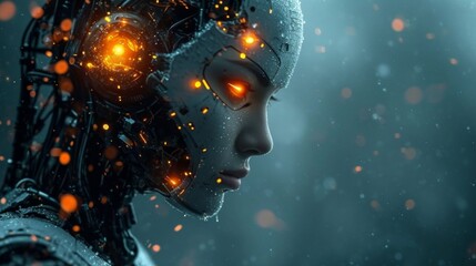 Broken Ai robot on dark blur background with copy space for text. 
