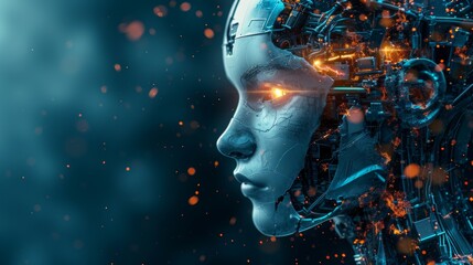 Broken Ai robot on dark blur background with copy space for text. 