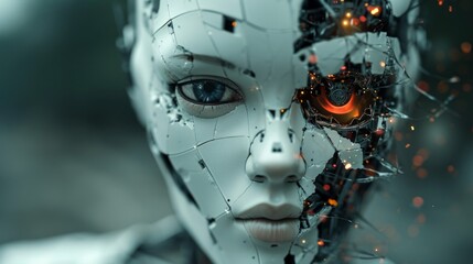 Broken Ai robot on dark blur background with copy space for text. 