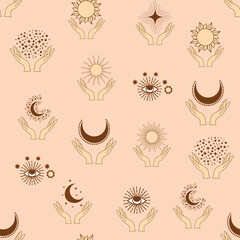 Magic seamless pattern with constellations, sun, moon, magic eyes, clouds and stars. Mystical esoteric