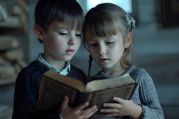 Caucasian little boy and girl reading holy bible book at home