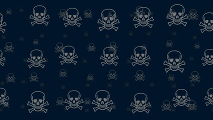 Poster - Skulls float horizontally from left to right. Parallax fly effect. Floating symbols are located randomly. Seamless looped 4k animation on dark blue background