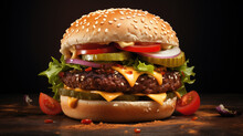 Burger On Dark Background. Tasty Burger On Table