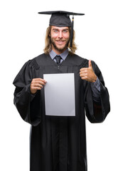 Sticker - Young handsome graduate man with long hair holding blank paper over isolated background happy with big smile doing ok sign, thumb up with fingers, excellent sign