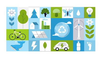 Sustainability and ecology care geometric mosaic template. Clean energy, green industry, renewable recourses concept. Vector illustration.