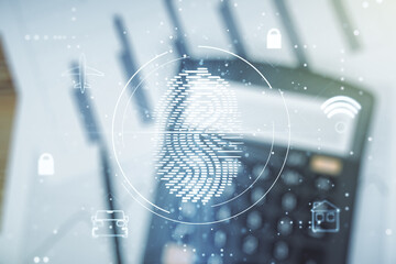 Aufkleber - Multi exposure of virtual creative fingerprint hologram on blurry calculator background, personal biometric data concept