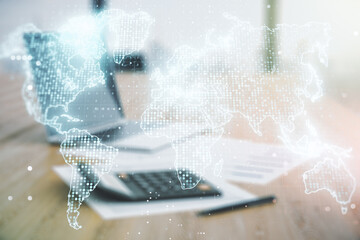 Poster - Multi exposure of abstract creative digital world map hologram on calculator and laptop background, tourism and traveling concept