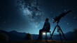 homem olhando para as estrelas ao lado de um binóculo astronômico