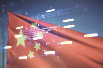Aufkleber - Multi exposure of abstract software development hologram on Chinese flag and blue sky background, research and analytics concept