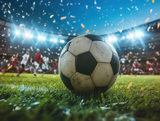 Canvas Print - Low angle shot from soccer ball in a big stadion at night, celebration in the background	