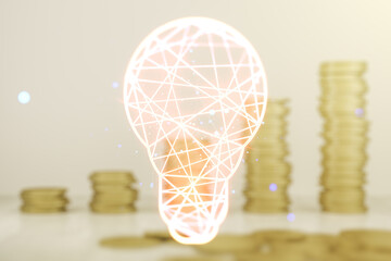 Aufkleber - Double exposure of creative light bulb hologram on growing stacks of coins background, research and development concept